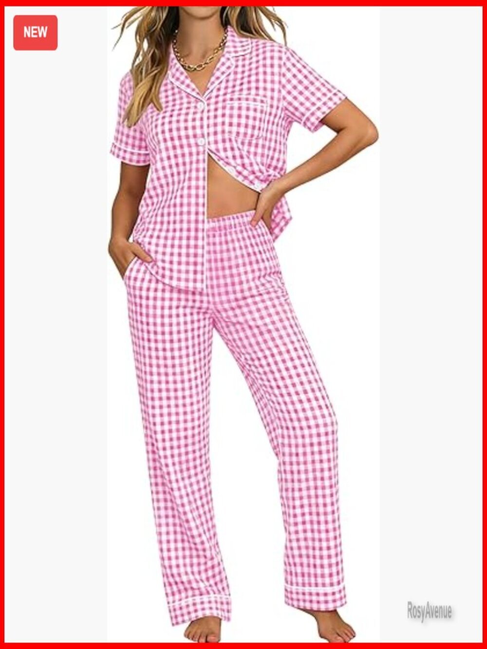 Women's 100% Cotton Pajama Set Short Sleeve Top & Long Pants with Pockets